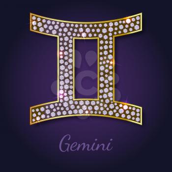 Golden Gemini zodiac signs with diamonds, editable vector illustration