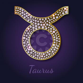 Golden Taurus zodiac signs with diamonds, editable vector illustration