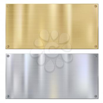 Shiny brushed metal plates with screws. Stainless steel background, vector illustration for you