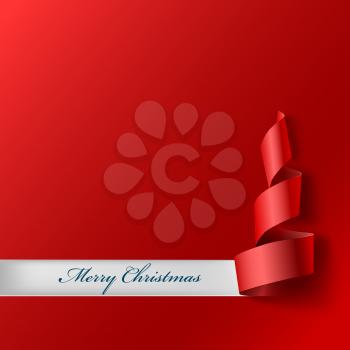 Christmas tree from ribbon. Red curved ribbon, on red background. Vector illustration for your design. New year and xmass background