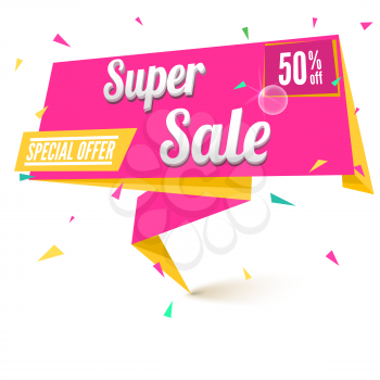 Super Sale and special offer origami paper banner. Great bright background for your offers, promotional posters, advertising shopping flyers and discount banners. Vector speech bubble
