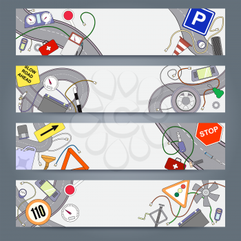 Graphics vector sketchy doodle icons. Horizontal banners design templates set for your bussines