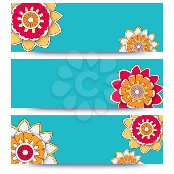 Vector banner templates set with floral summer theme doodles 