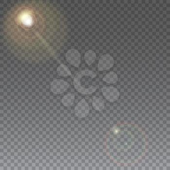Sun with lens flare, on transparent vector background, abstract lighting flare