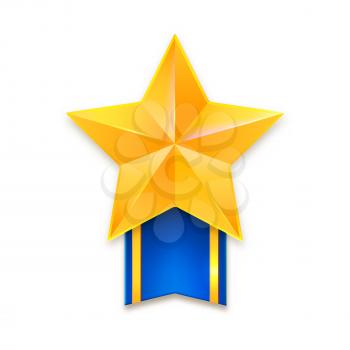 Yellow metal star with ribbon with gold stripes. Golden star with ribbon, awards, vector illustration, eps10