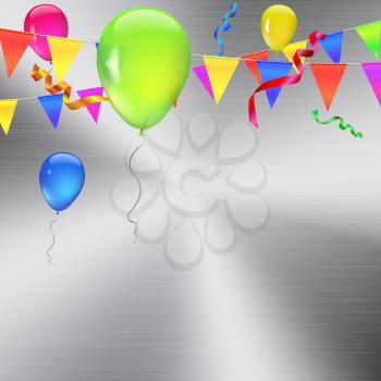 Celebration metal background with balloons, serpentine and confetti. Bright banner with festive elements. Gorgeous background for greetings, greeting cards, invitations. Editable vector