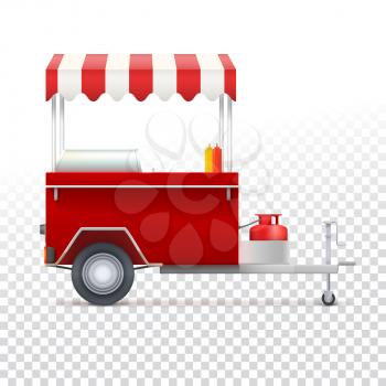 Red fast food hot dog cart. Street food market, trolley stand vendor service. Kiosk seller fast food business. Vector icon on transparent background, isolated object
