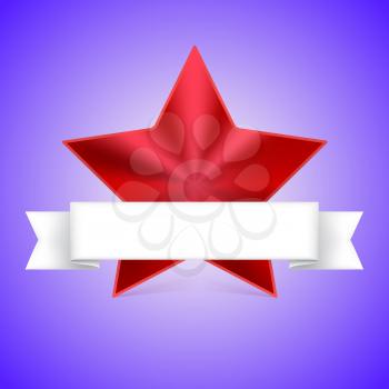 Metal red star label with white ribbon on colored background, vector illustration