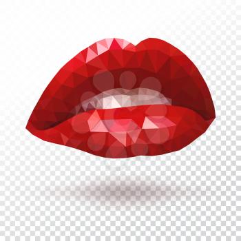 Woman red triangle lips made from polygons. Vector abstract bright geometric illustration on white background. Women s seductive scarlet lips, open mouth with white teeth
