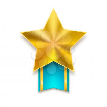 Yellow metal star with ribbon with gold stripes. Golden star with ribbon, awards, vector illustration, eps10