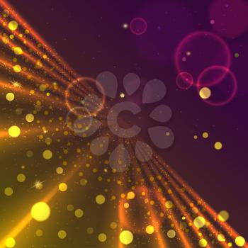 Particles of different size and color float in space against the background of the rays outgoing in the future. Abstract virtual space with glow and stars, vector background. Eps 10.