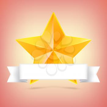 Yellow star with white ribbon on colored background. Symbol of victory in competitions or contests, template for your design