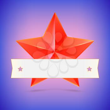 Red star with white ribbon on colored background. Symbol of victory in competitions or contests, template for your design