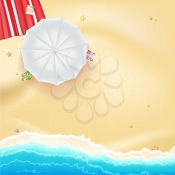Summer travel background. Sunny sandy beach with umbrella, mat and slippers. Tropical seashore with a view of the surf, top view.