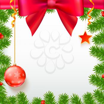 Christmas background with fir branches, red viburnum berries, Christmas balls, beads, a red star with ash trim, New Year ornaments and streamers on white background with place for your text.