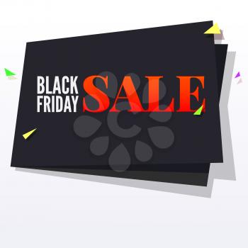 Black Friday sale large black banner, pennant, flag with flying, colored confetti on white background