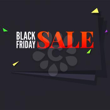 Black Friday sale large black banner, pennant, flag with flying, colored confetti on dark background, design template