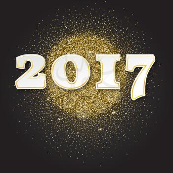 Gold glitter Happy New Year 2017 background. Gold sparkles, invitation template for new year eve. Merry Christmas Design. Golden Dust Explosion.