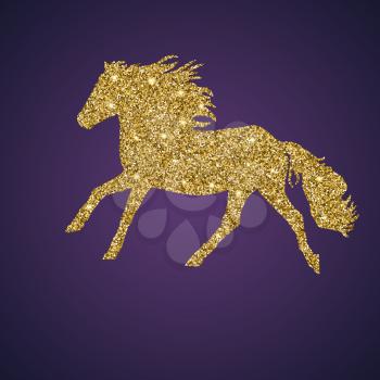Silhouette Golden, shiny and glittering galloping horse on dark background with place for your text