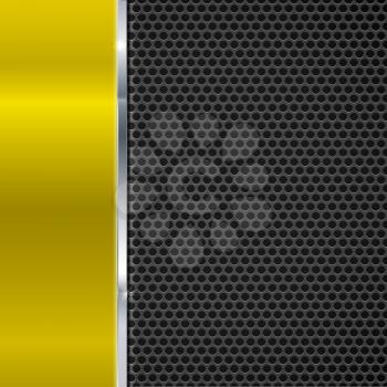 Background of polished yellow metal and black metal mesh with polished metal strip. Technological background for garages, auto shops and just creativity