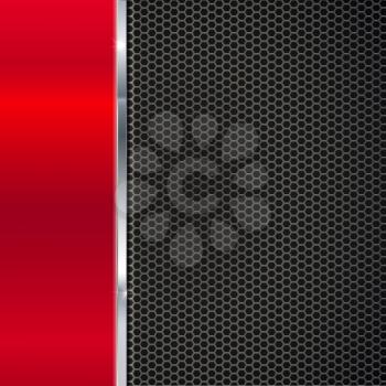 Background of polished red metal and black metal mesh with polished metal strip. Technological background for garages, auto shops and just creativity