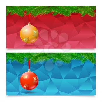 Set of three horizontal Christmas and New Year banners. Fir tree branches on the background made of triangles with bright balls.
