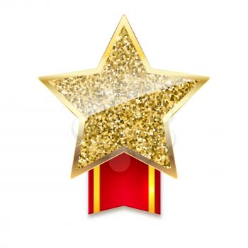 Yellow brilliant star with ribbon with gold stripes. Golden star with gold sparkles and glitter on red ribbon