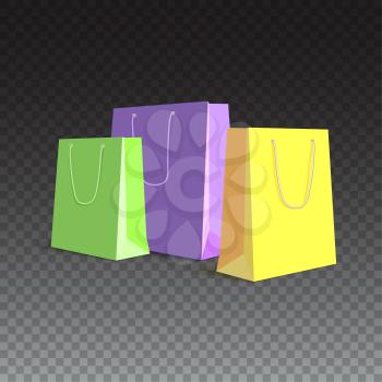 Set of paper, colored shopping bags, resizable vector illustration. Purple, green and yellow bags for shopping and gifts on transparent background