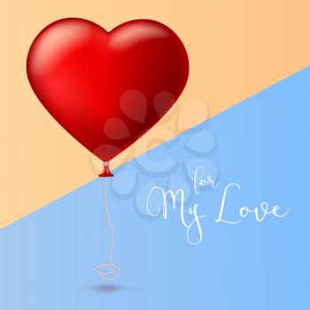 Bright red heart, the inflatable balloon in the shape of a realistic, big heart with tape, ribbon. Greeting card for your friends, loved ones with a bouncy ball in form heart on colored background.