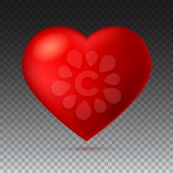 Big red, a scarlet heart isolated on transparent background with shadow. Symbol, Icon, 3D illustration for use in template for greeting card, shape closeup, red heart icon for web sites and apps.
