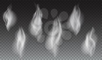 Set of delicate white cigarette smoke waves on transparent background vector illustration