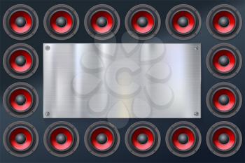 Audio speakers, subwoofers, wall of sound loudspeaker with red diffuser isolated on dark background. Metallic banner with copy space, place for your text.