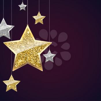 Glitter background with silver and gold hanging stars. Merry Christmas, Happy New Year greeting card on color background. Template for vip banners or card, exclusive certificate, luxury voucher