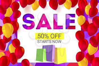 Sale banner on low poly background with inflatable balloons and paper, colored shopping bags for luxury sales offers. Modern, colorful design with red and yellow inflatable balloons.