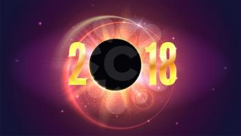 2018 Happy New Year and Marry Christmas card. Congratulation poster on space backdrop. Solar eclipse, astronomical phenomenon. Star burst with sparkles. The planet covering the Sun in eclipse