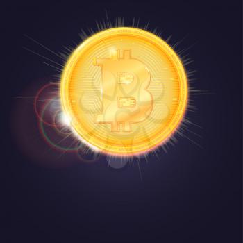 Gold coin of the Bitcoin. The symbol of the digital currency on dark background. Virtual money of the future with light rays, glare and reflections, icon of digital crypto currency.