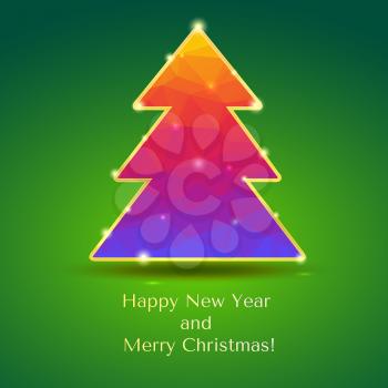 Christmas tree with glitter and flashes. New year tree from color triangles with gold trim on a green background with greeting text, 3D illustration.