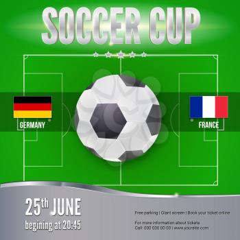 Soccer, football banner. Template for game tournament. Soccer ball above green field, top view. Sport events design for posters, print design, creative arts. 3D illustration.