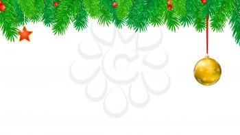Christmas banner with fir branches and red berries. Festive atmosphere. Editable vector 3D illustration. Template for New Year or Christmas greetings card, print design, isolated on white.
