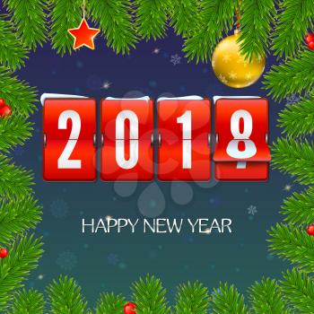 New Year is coming 2018. Frame from fir branches with mechanical clock, serpentine and Christmas ball. Happy New Year 3D illustration with scoreboard, template for your greeting cards or print design.