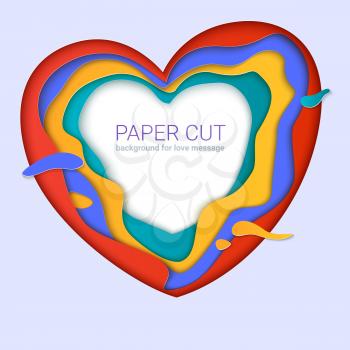 Paper-cut heart shapes with shadow. Realistic multi layers, carving of paper. Print template for cards with paper cut shapes, modern abstract design. 3D Illustration for background for your messages