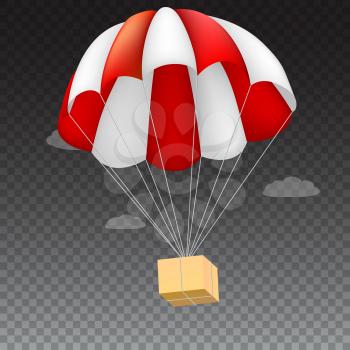 Icon of package flying on red parachute on a background of clouds. Air shipping, delivery service template, 3D illustration. Isolated on transparent backdrop