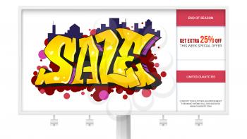 Sale, ad banner on the billboard. Graffiti style, urban art text. Template for marketing and sale events. Advertising about discounts. Stylish offer for your design of poster. 3D illustration.