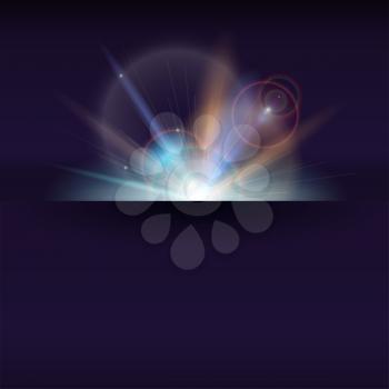 Blurred light rays and lens flare backdrop with place for text. Abstract space sunny poster, glow light effect. Banner with dynamic burst of star, sparkles on backdrop. Vector 3D illustration.