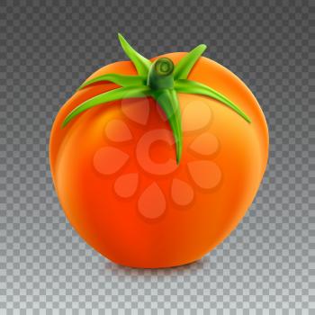 Red whole tomato isolated on transparent background, close-upwith a green tail. A fresh tomato cut out with the clipping path, 3D illustration.