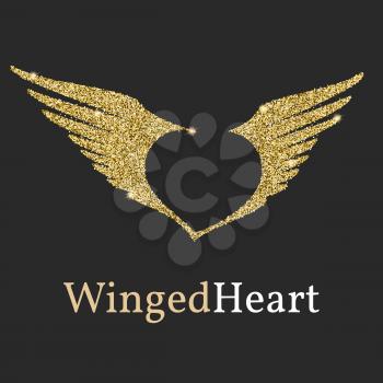 Logo with a Golden glitter, sheen. Symbol with wings and a heart in the negative. Flying wings, Logo template for brending and identity.