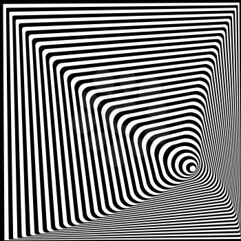 Abstract twisted black and white optical illusion, striped background. Optical Art. 3d vector illustration. Template for ad, covers, posters, banners and other.
