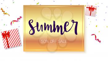 Summer sale ad banner on bright golden background. Top view. Gift box with red ribbon and bow with serpentine and confetti.