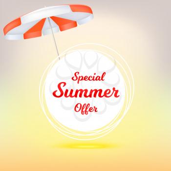 Special summer offer, ad summer banner with sun umbrella. Hot offers on backdrop of sun. Seasonal shopping concept. Promotion template for your online shopping, retail business, advertising banners