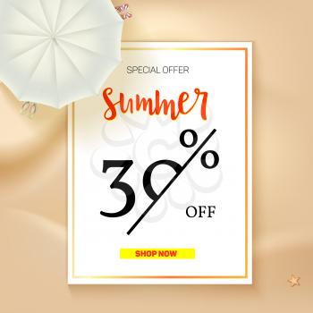 Selling ad banner, vintage text design. Summer vacation discounts, sale background of the sandy beach and the sea shore. Template for online shopping, advertising actions with percentage of discounts.